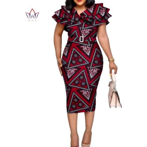 Bazin Riche African Ruffles Collar Belt Dresses for Women Dashiki Print Dresses Vestidos Women Wedding African Clothing WY5740
