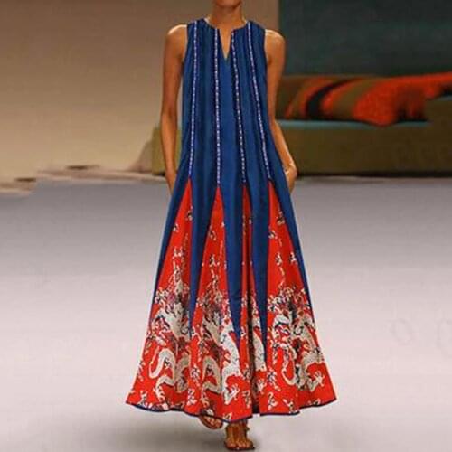 Vintage Maxi Dress Summer 2021 Plus Size Clothing for Women Fashion Lady Spaghetti Strap V-Neck Loose Waist Sleeveless Dresses