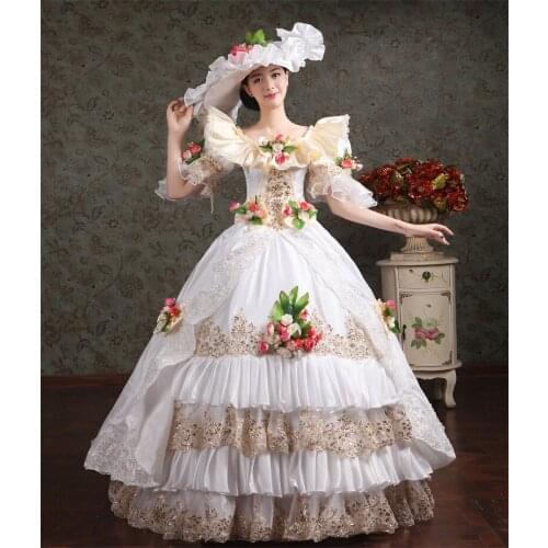 100%real white ruffle champagne embroider carnival ball gown with hatmedieval Renaissance Gown queen dress stage/solo belle ball
