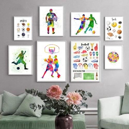 Watercolor Sport Posters and Prints Football Basketball Ball Sportsman Wall Art Canvas Painting for Living Room Decoration