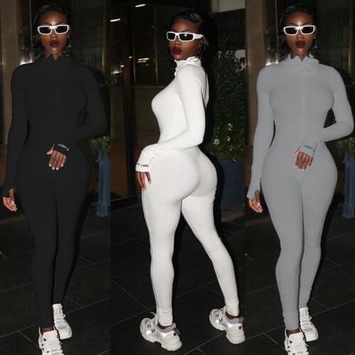 One Piece Women Jumpsuits Autumn Winter Lucky Label Embroidery Long Skinny Knitted Bodysuit Rompers and Jumpsuit Sportwear