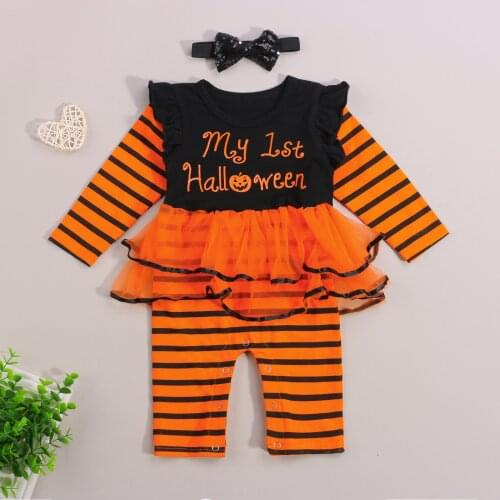 Baby Girls Two-piece Clothes Set Round Neck Long Sleeve Stripe and Letters Printed Pattern Romper and Bow-knot Headdress