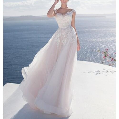 Elegant Long Shear Lace Pink Wedding Dresses A-Line Illusion Back Tulle Robes De Mariée Bridal Gown For Women