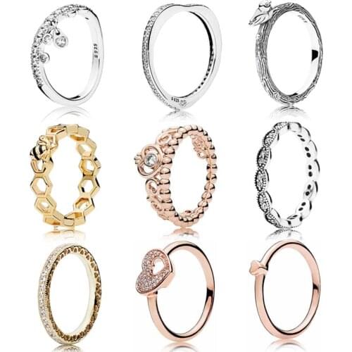 925 Sterling Silver Ring 1:1 Golden Shine Honeybee Blushing Romance Puzzle Chandelier Droplet Femal Ring DIY Fashion Jewelry