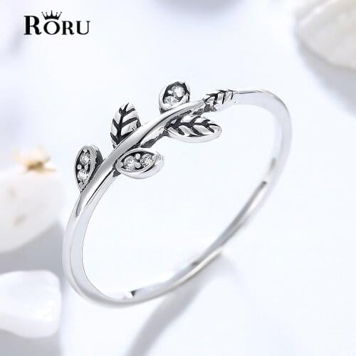 Real 925 Sterling Silver Retro Vintage Leaves Shaped design Black Zircon Stone for Women Finger Ring Wedding Anniversary Gifts
