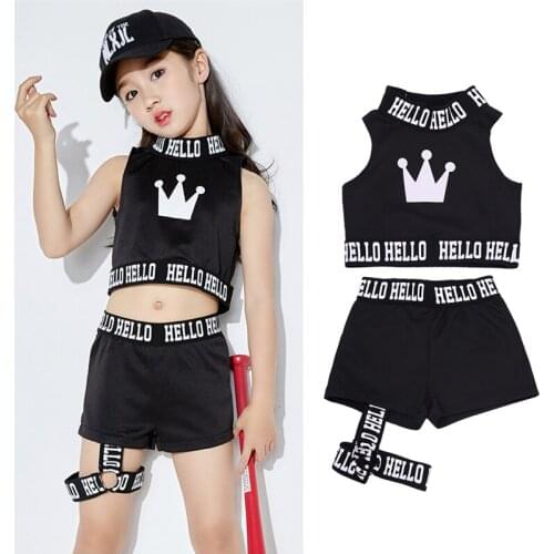 Girls Jazz Dance Costume Cropped Tops Black Vest Shorts Hip Hop Kids Performance Clothing Street Dance Outfits Rave Wear BL6948