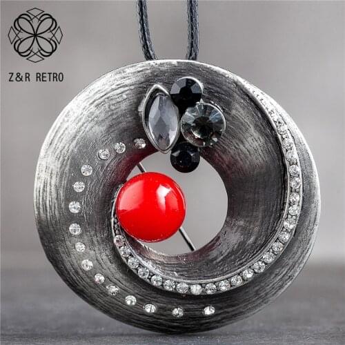 Round Pendants Long Necklace for Women Vintage Jewelry Red Beads 2021 Suspension Rope Chains Choker Wholesale Jewellery Hotsale