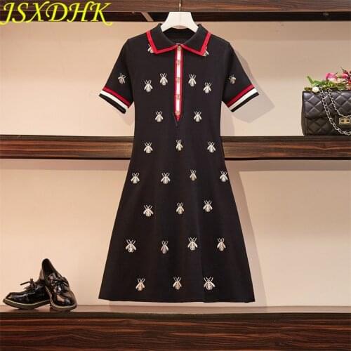 JSXDHK Summer Plus Sleeve Knitted Dress 2019 Fashion Women Honeybee Embroidery Animal Short Sleeve A Line Pullowers Dress M-4XL