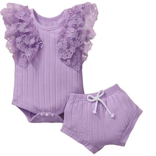 Summer Newborn Baby Girl Summer Outfits Solid Color Two Pieces Lace Ruffles Fly Sleeve Romper Top+Shorts Cute Baby Girl Sets