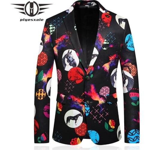 Plyesxale Fashion Horse Floral Pattern Mens Print Blazer Jacket Autumn Colorful Fancy Man Blazer Party Prom Wedding Blazers Q791