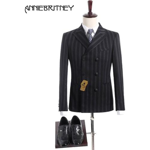 2018 Black Stripes Wedding Suits Men Double Breasted Suits Groom Tuxedo Slim Fit 2 Piece Jacket Blazer Prom WearTerno Masculino