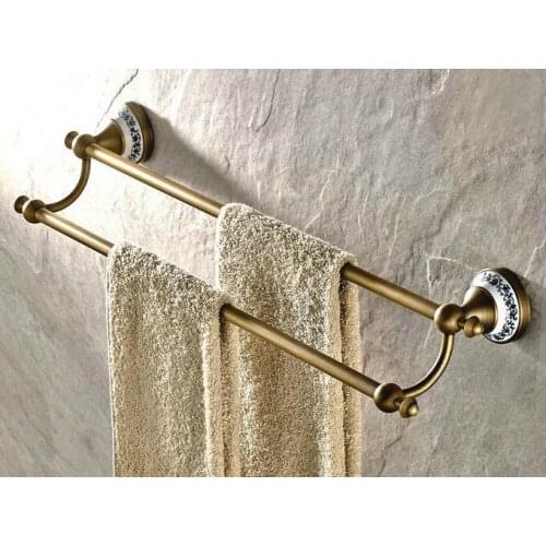 Wall Mounted Vintage Retro Antique Brass Bathroom Double Towel Bar Towel Rail Holder Bathroom Accessory mba407