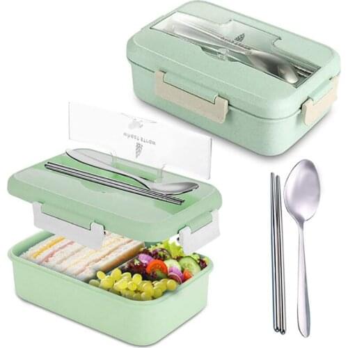Protable Lunch Box Wheat Straw Material Dinnerware Bento Box Microwave Leakproof Dinnerware With Spoon Chopsticks Food Organizer
