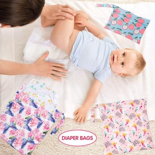5Pcs Wet Dry Diaper Infant Cloth Bags Waterproof Reusable with Zippered Pockets Travel Bag with Cartoon Pattern (3 Sizes)