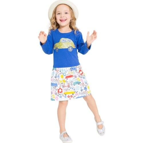 Little Bitty New Spring Autumn Kids Blue Car Patchwork Printed O-neck Girls Buttons 4-11yrs Full-sleeved Cotton Knitted Dresses