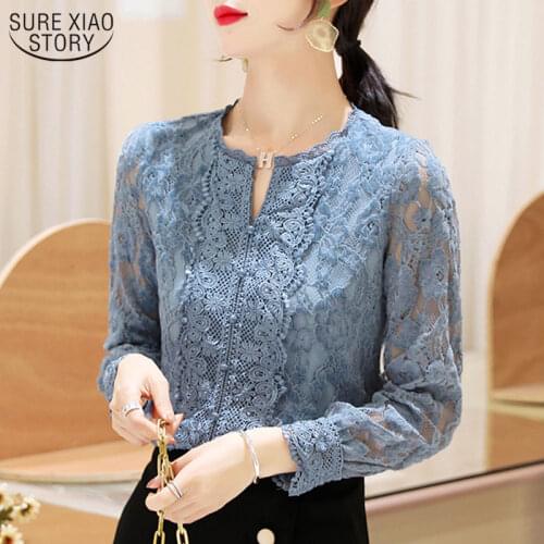 Long Sleeve Floral Pullover Blouse 2021 New Autumn Blue Lace Bottom Shirt Women Office Women Korean Plus Size Ladies Tops 10357