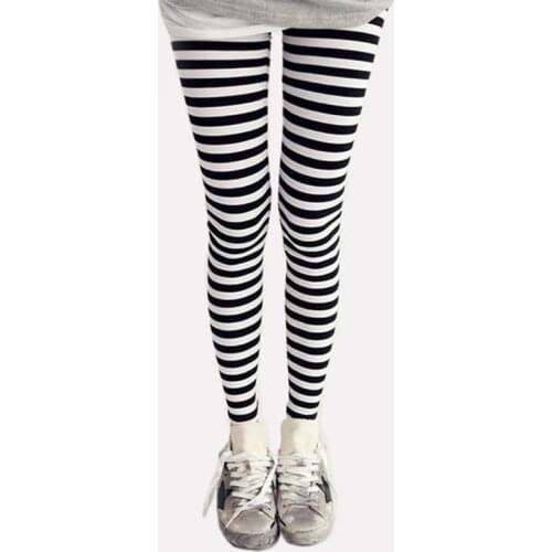 Women Ankle Length Skinny Leggings Black White Horizontal Striped Pants High Quality and Brand New