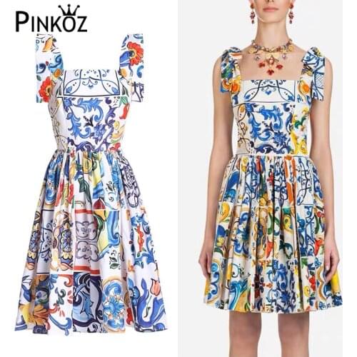 Pinkoz Vintage Floral Lace Up Bow Summer Dress Womens Runway Spaghetti Strap Party Baroque Pinted Dress Robe Female Vestidos za