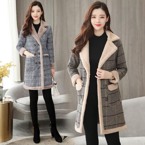 Autumn and winter new slim slimming thickening plus velvet plaid woolen long section versatile coat warm womens clothing TB1811