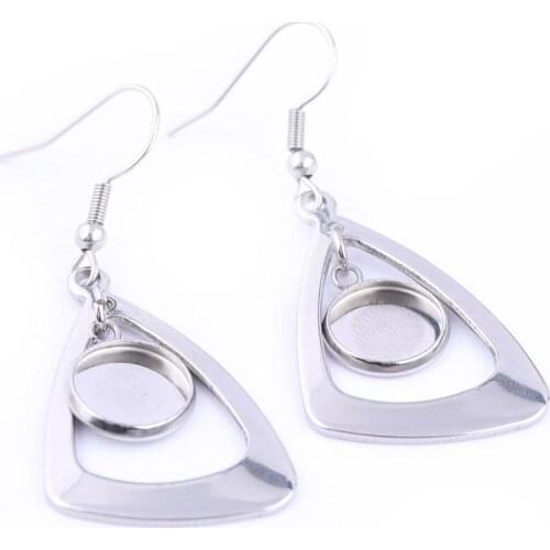 10pcs 8mm 10mm Cabochon Earring Base with triangle frame Stainless Steel blank bezel trays diy hooks materials for making