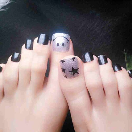 24Pcs Artificial Toe Nails Glitter Silver Fake Toenail Flat Top False Nails Easy To DIY Nail Art Tips For Foot