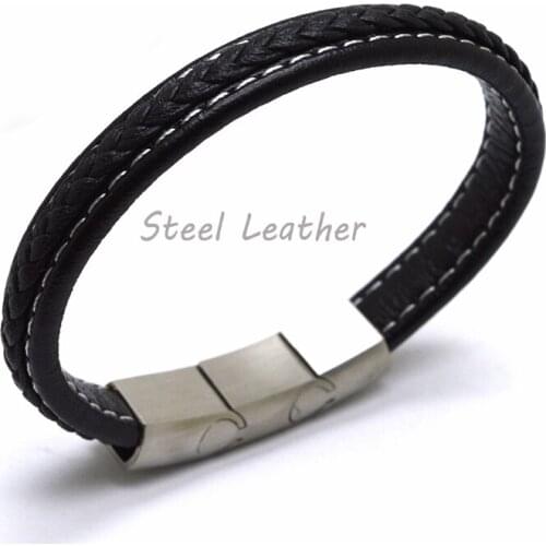 5pcs/lot engrave logo New Fashion Braided Leather Bracelet for Men Women Stainless Steel Magnetic Clasp Male Bracelets Bangles