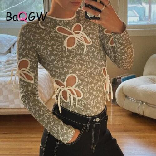BaQGW Vintage Butterfly Sexy Hollow Out Bandage Long Sleeve T-shirts Streetwear 90s Print O-neck Green Tops Y2K Fashion Outfits
