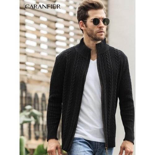CARANFIER 2019 Brand Sweaters Men Knitted Cardigan Slim Fit VelvetZipper Clothes Solid Ribbed Bottom Sweater Knitwear Coats 3XL