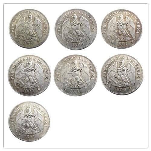 Chile A Set Of(1875- 1891) 7pcs 1PESO Silver Plated Copy Coins