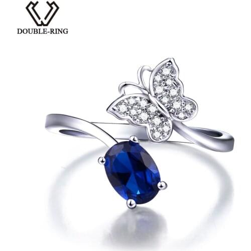 DOUBLE-R 925 Sterling Silver Created Sapphire Gemstone butterfly Ring