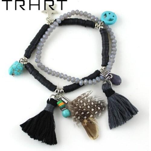 Elegant Womens Handmade Multi layer Tassel Crystal Beads String Chain Bangle Bracelet Feather Tassel Charm Jewelry