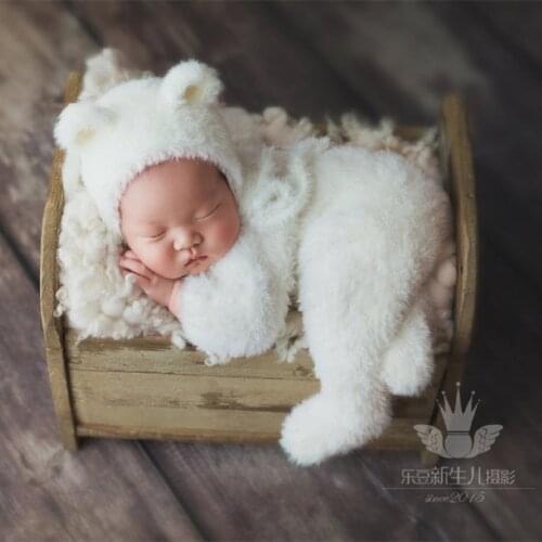 Vintge Newborn Bear Outfit Soft Baby Footed Romper Knitted Newborn Animal Hat Photography Props Furry Infant Overalls Onesie