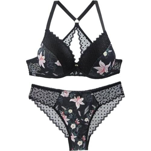Women Bra and Briefs Set Hollow out Back Lace Sexy Lingeries Flower Printed Push-up Underwear Women