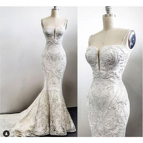 Real Image Lace Mermaid Wedding Dresses Elegant Pearls Bridal Gowns Sexy Wedding Gowns Vestidos De Novia