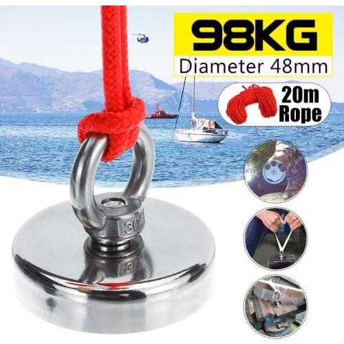 D48MM Strong Powerful Neodymium Magnet Hook Salvage Sea Fishing Magnets Holder Pulling Mounting Pot with Ring|+20m Rope