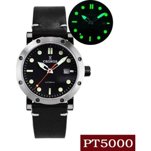 Cronos Men Watches DLC Coated Case Stainless Steel PT5000 See Through Back Black Glow Hands Automatic Self Wind Skeleton Watch