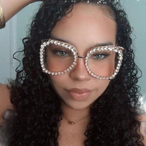 Fashion Oversize Square Sunglasses Women Rimless Vintage Rhinestone Goggles Female Clear Color Eyewear Shades UV400