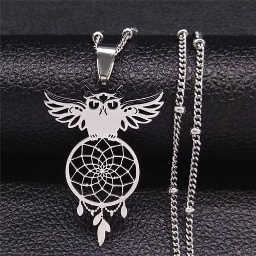 Owl Feather Dream Catcher Stainless Steel Charm Necklaces for Women/Men Silver Color Pendant Necklace Jewelry N7029S04