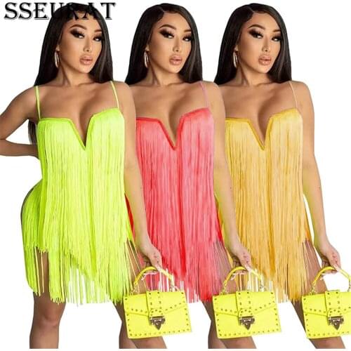 SSEURAT Spaghetti Strap Tassel Bodycon Dress Sexy Summer Women Night Party Ladies Mini Dresses Clubwear