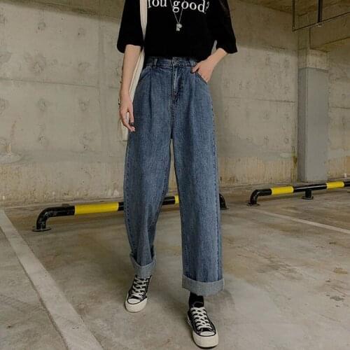 Chic Popular All-Match Fall Femme Jean Jeans Women Bf Style Retro High Waist Leisure Denim Teens Wide Leg Trousers Basic College