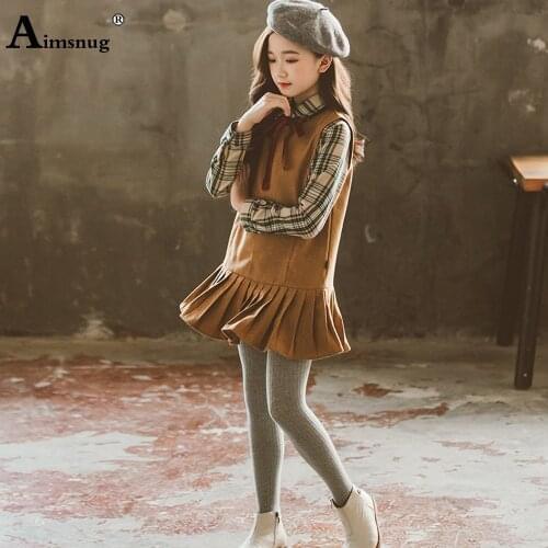 Baby Girls Tracksuit Sets Long Sleeve Plaid Top and Pleated Dress Children Fashion Bow two piece outfits Kids Clothing 2021