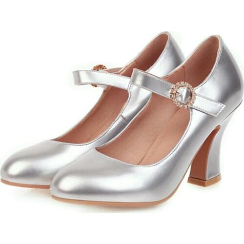 Ochanmeb Silver Gold Buckle Strap Shoes Women High Heels Mary Jane Shoe Pumps Woman Crystal Rhinestone Buckle Round Toe Footwear