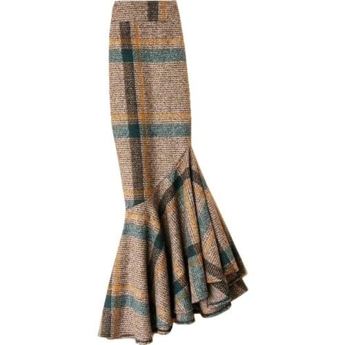 Vintage plaid woolen mermaid skirt women high waist package hip ol trumpet skirt plus size 4XL