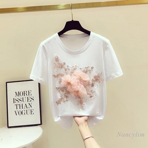 Tshirt Women Summer Embroidered Three-Dimensional Flower Short Sleeved T-shirts Girls Students All-Matching Round Neck Loose Top