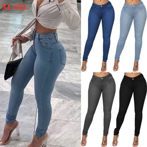 Womens Jeans Mid Waist Stretch Skinny Denim Pants 2021 Spring Blue Retro Washed Elastic Slim Pencil Trousers