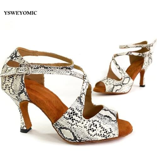 Bachata Salsa Women Dancing Shoes Indoor Outdoor Use Practise Comfortable Snake Printing PU leather High Heel Latin Dance Shoes