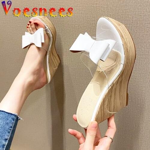 Voesnees Women Shoes Slippers 2021Summer New Waterproof Platform Wedge High Heels11cm Fashion Butterfly-knot Clear Ladies Slides