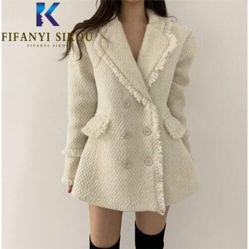 Autumn Winter Thick Warm Tweed Blazer Jacket Women Double Breasted Fashion Tassel Suit Jacket Female Chic Loose Blazers Coat
