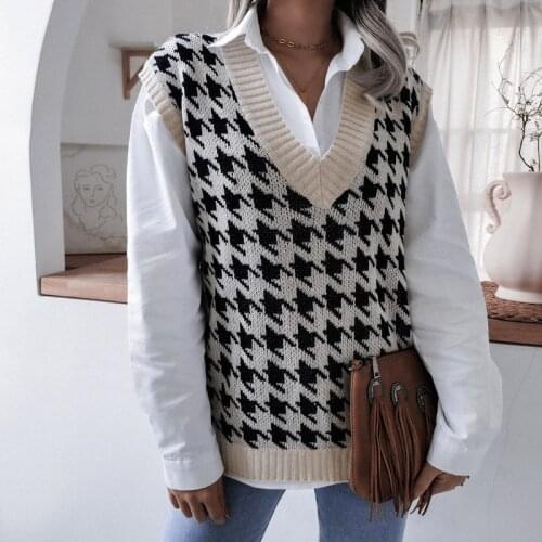 Top womens houndstooth knit sweater vest autumn 2021 new loose V-neck sleeveless elegant fashion casual vest sweaters pullover