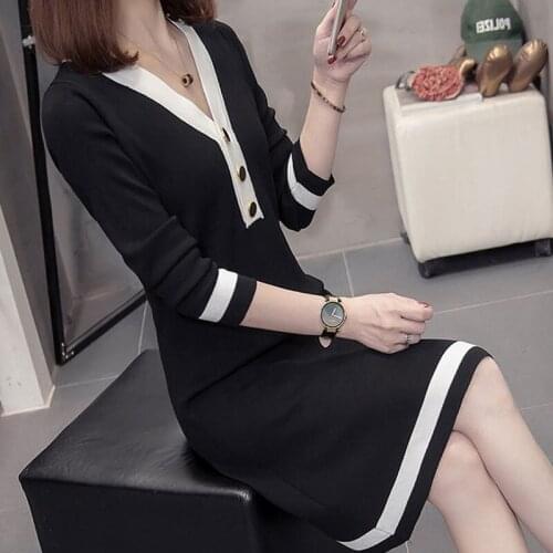Simple Plus Size Womens Autumn Dress Fashion Casual V-Neck Knitted Bottoming Shirt Long Spliced Sweater Dresses 4XL y321